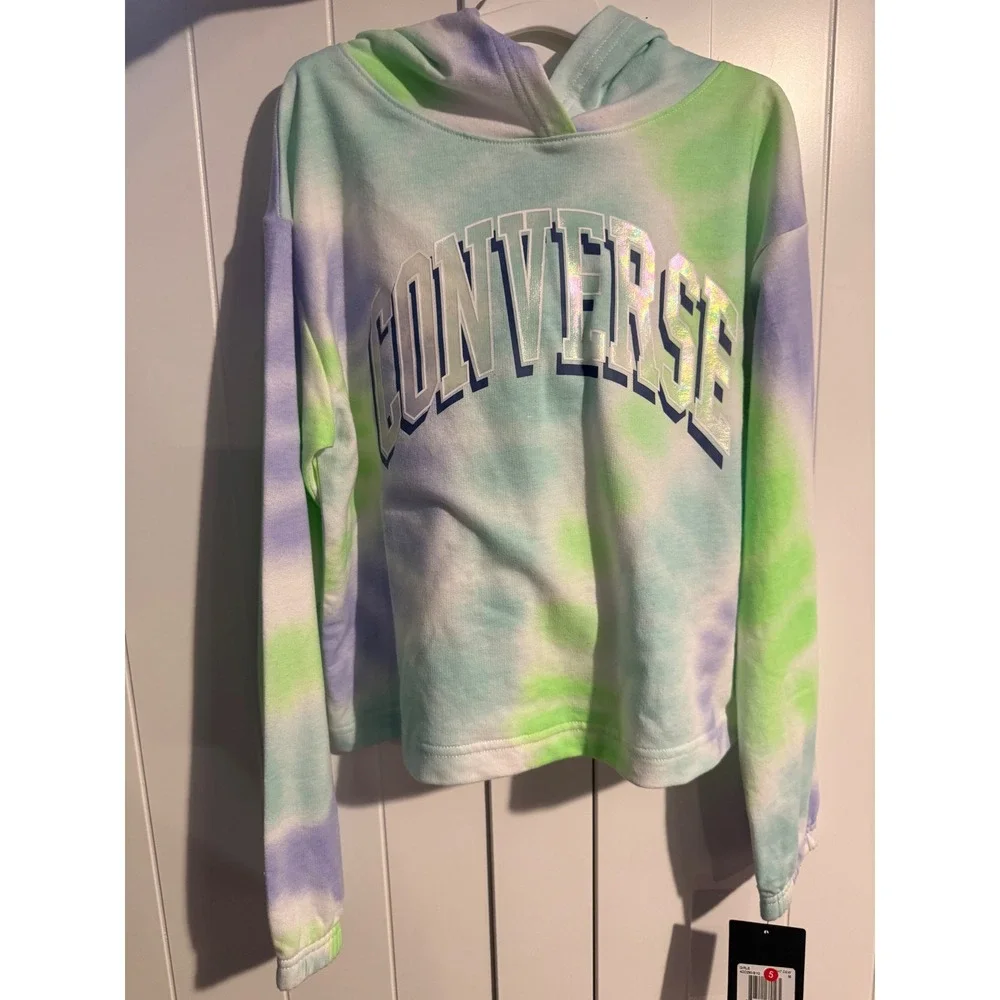 Converse Girls Light Dew Tie Dye Hoodie Iridescent Logo Sweatshirt M 10-12 NEW